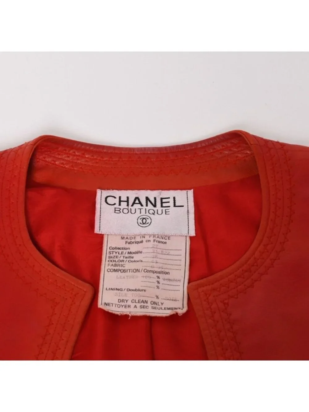Chanel Vintage Collarless Jacket CC Logo Leather Silk